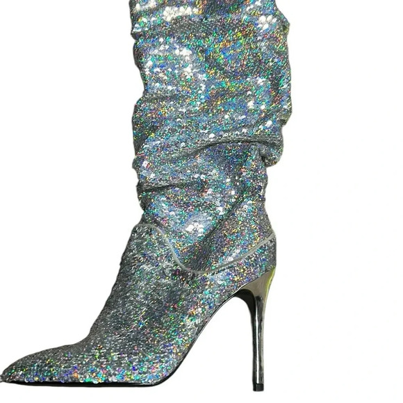 Glitter slouch high heel party boots!! Taylor Swift iridescent  sequin silver EC - Picture 8 of 15